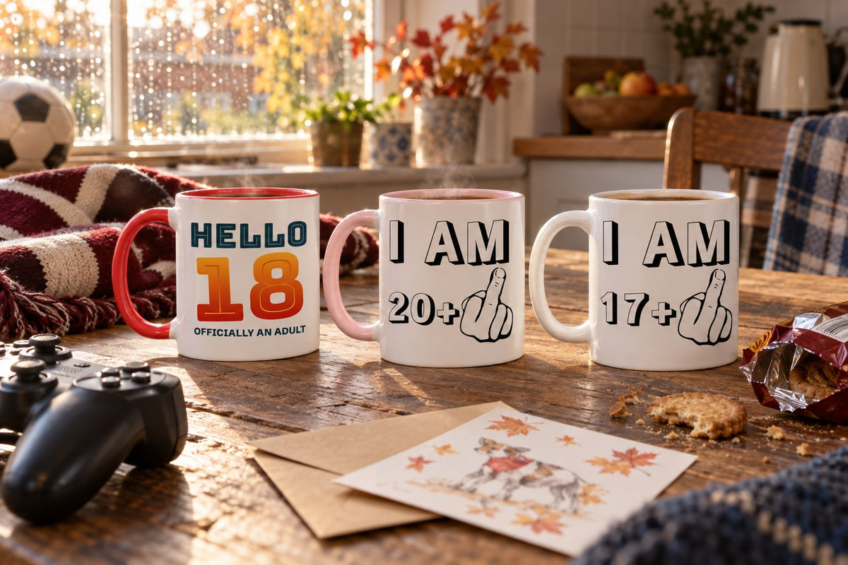 Two white printed mugs on a wooden kitchen table in autumn sunlight, next to a football scarf, a games controller, a packet of biscuits and an unopened birthday card.