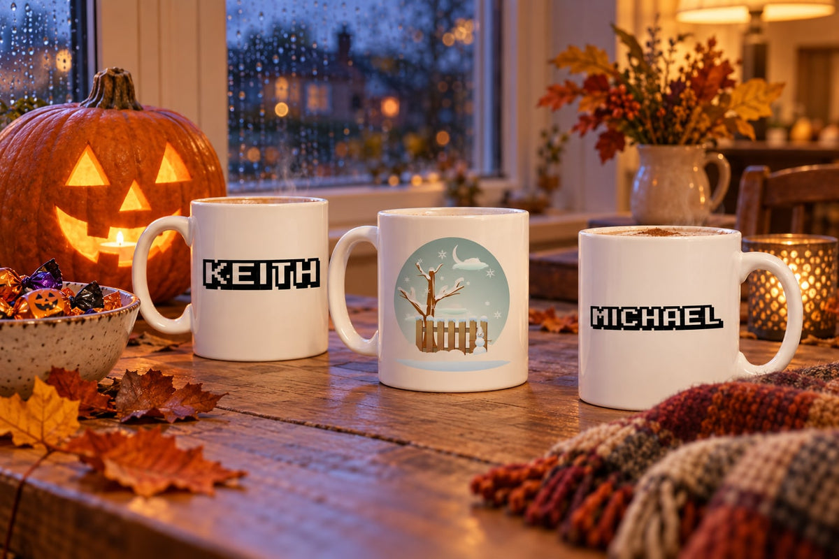 Mugs on a wooden kitchen table at dusk, next to a glowing carved pumpkin, a bowl of wrapped sweets and scattered autumn leaves.
