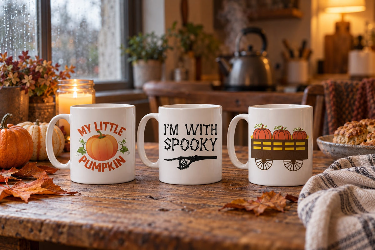 Halloween mugs on a wooden kitchen table beside small pumpkins, fallen autumn leaves and a candle in a jar, with rain on the window behind and a steaming kettle in the background.