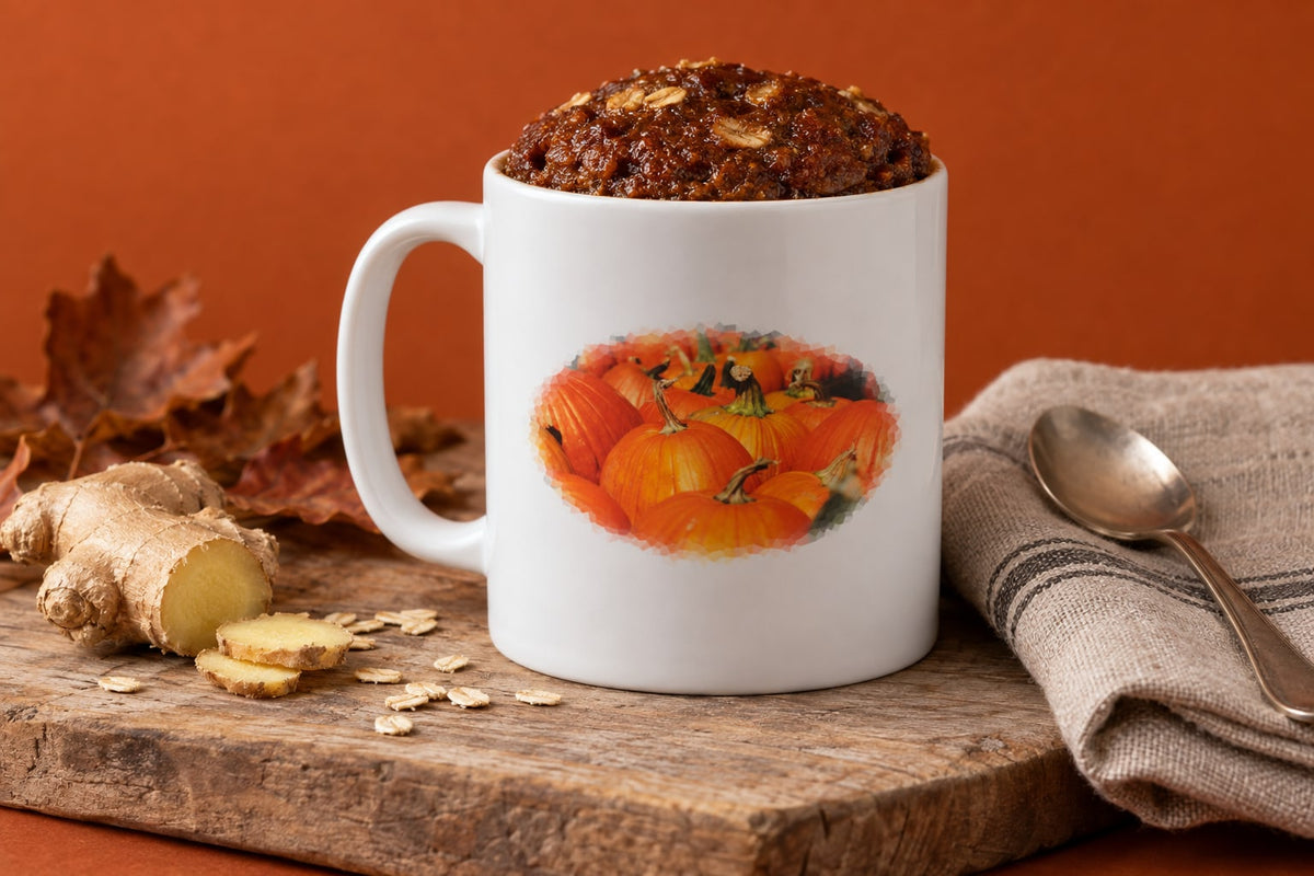 A pumpkin-patterned mug of dark, risen ginger parkin cake with a glossy domed top. A teaspoon lies on a linen napkin beside it, against a burnt-orange backdrop.