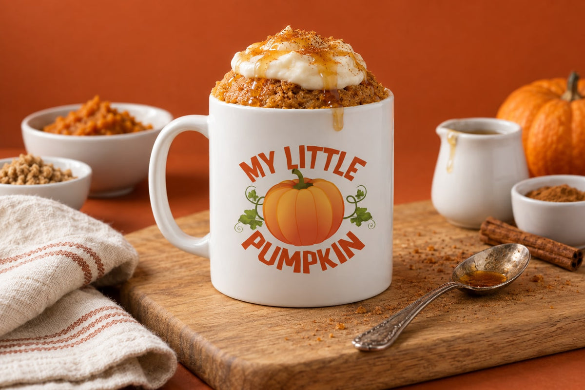 A pumpkin spice mug cake in the My Little Pumpkin Mug, topped with cream cheese and a drizzle of maple syrup, with a teaspoon beside it, on an orange background.