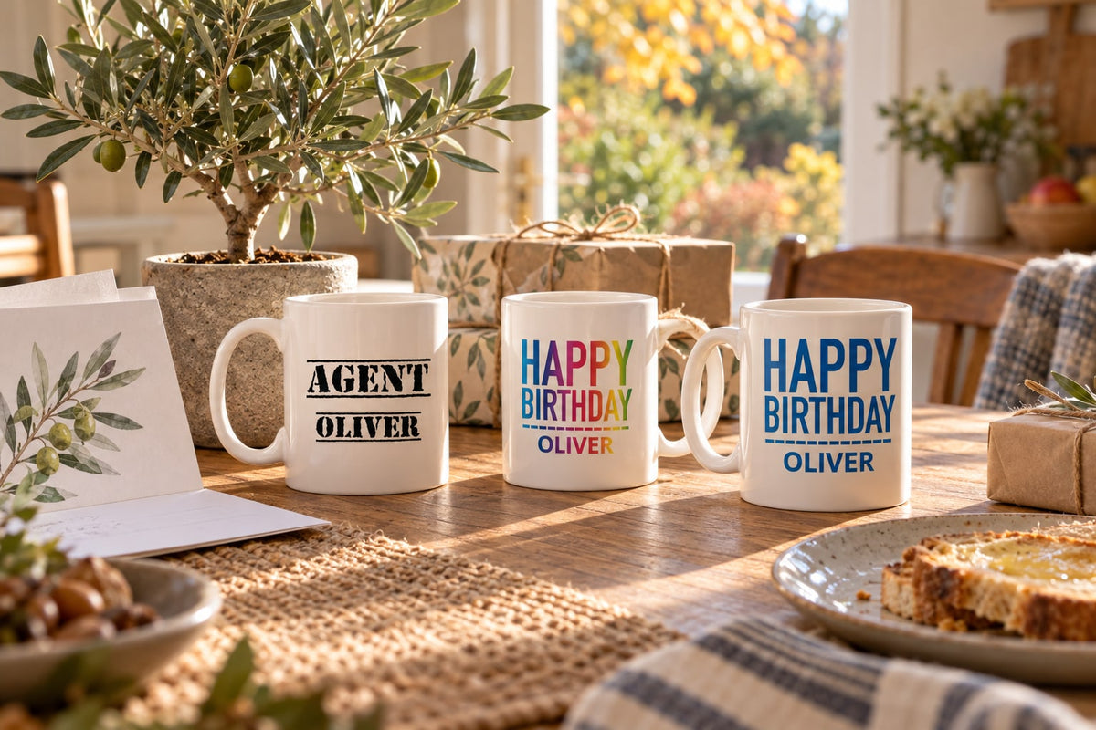 Personalised Oliver mugs on a sunlit wooden kitchen table, next to a small potted olive tree, an open birthday card and wrapped presents on an autumn morning.