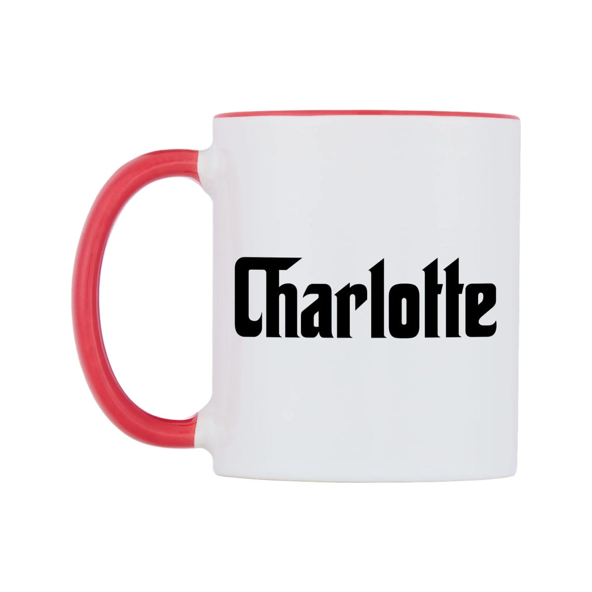 Charlotte - Godfather Themed Mug — white 11oz gloss mug with a red inside and handle, right side, on a white background