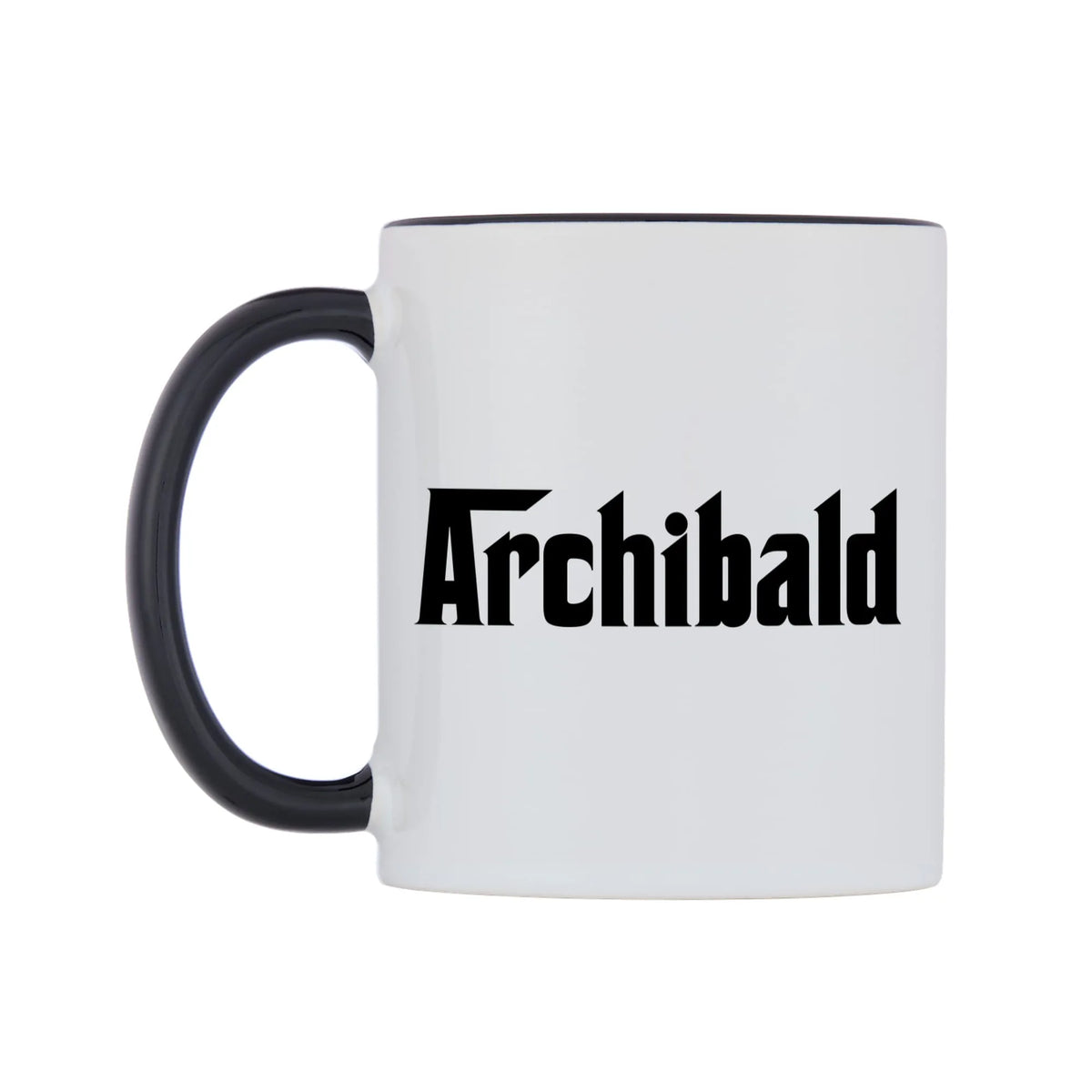 Archibald - Godfather Themed Mug — white 11oz gloss mug with a black inside and handle, right side, on a white background