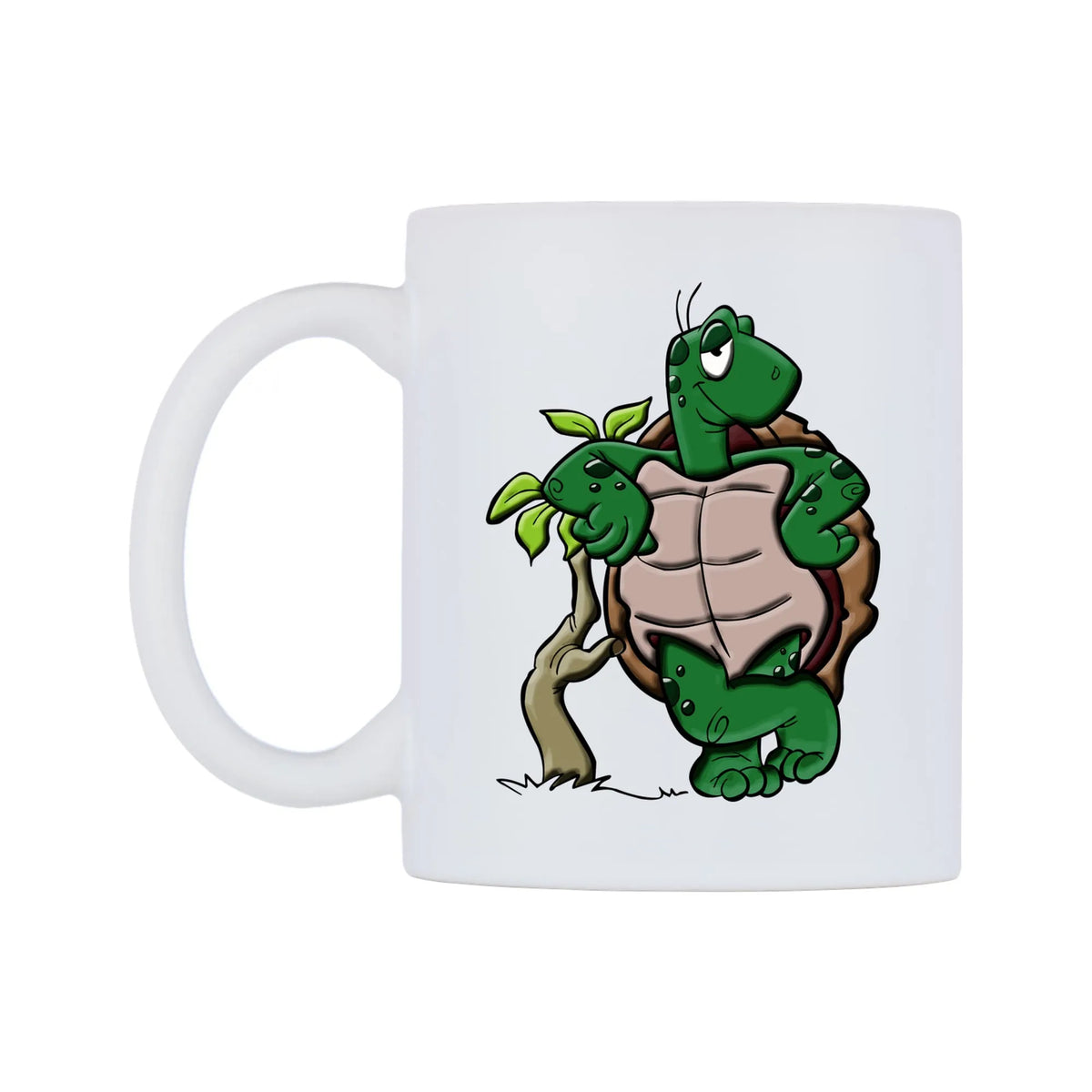 Cool Turtle Mug — white 11oz gloss mug, right side, on a white background
