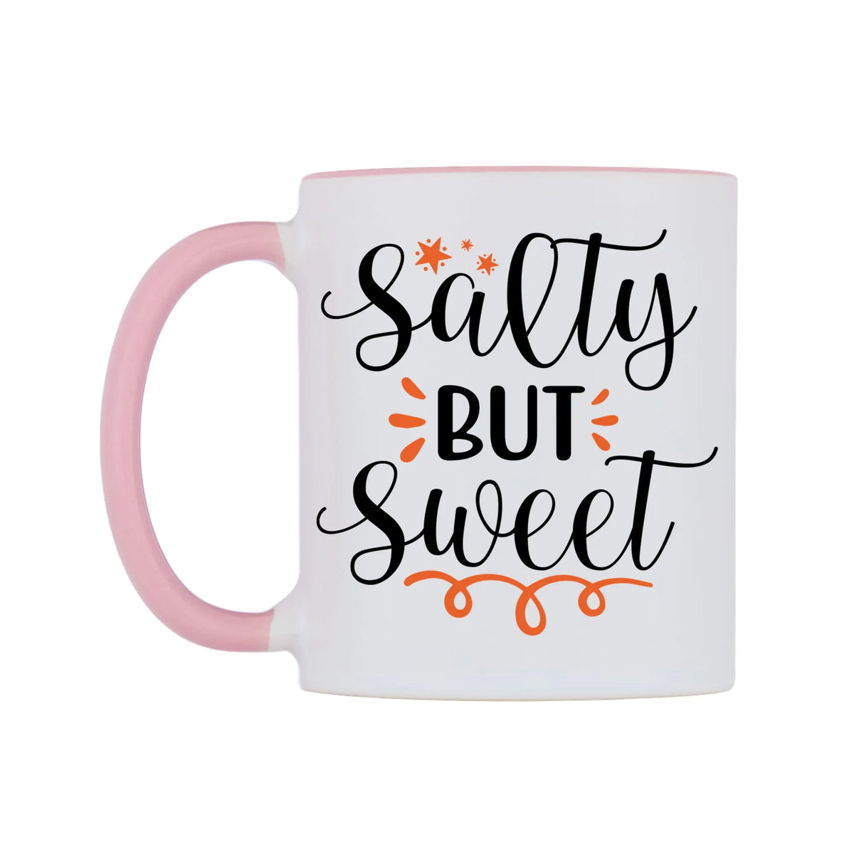 Salty but sweet Mug — white 11oz gloss mug with a pink inside and handle, right side, on a white background