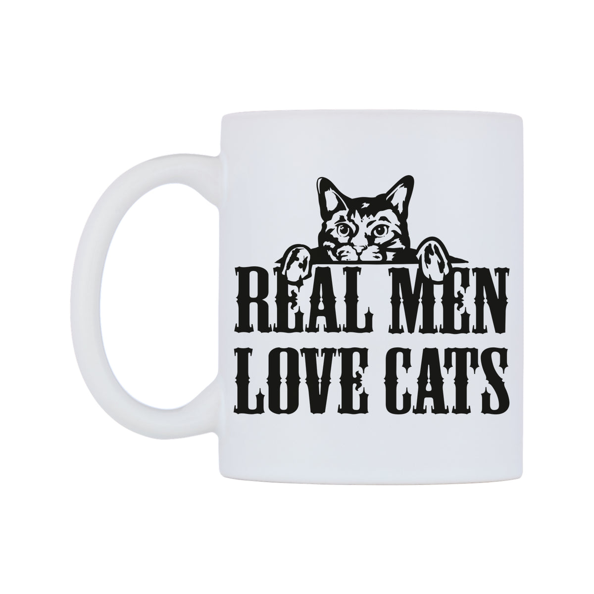 Real Men Love Cats Mug — white 11oz gloss mug, right side, on a white background