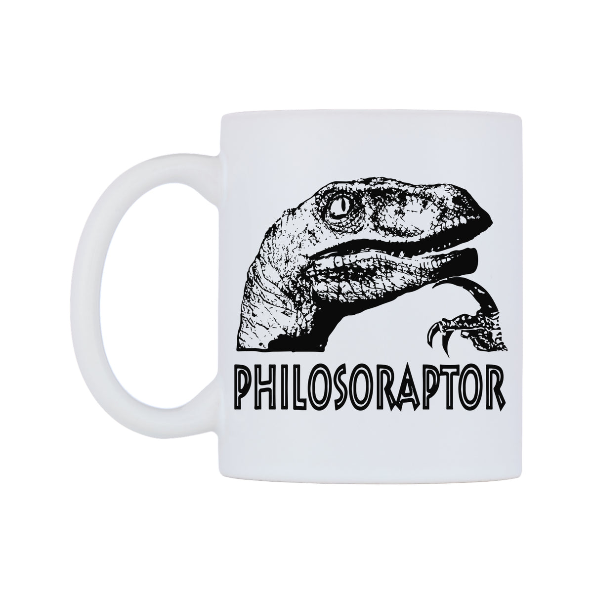 Philosoraptor Mug — white 11oz gloss mug, right side, on a white background