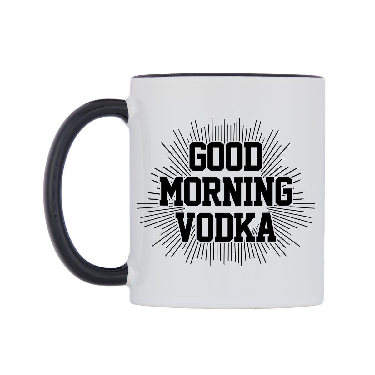 Good Morning Vodka Mug — white 11oz gloss mug with a black inside and handle, right side, on a white background