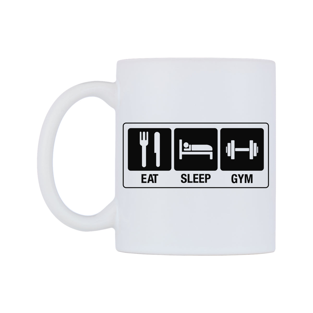 Eat Sleep Gym Mug — white 11oz gloss mug, right side, on a white background