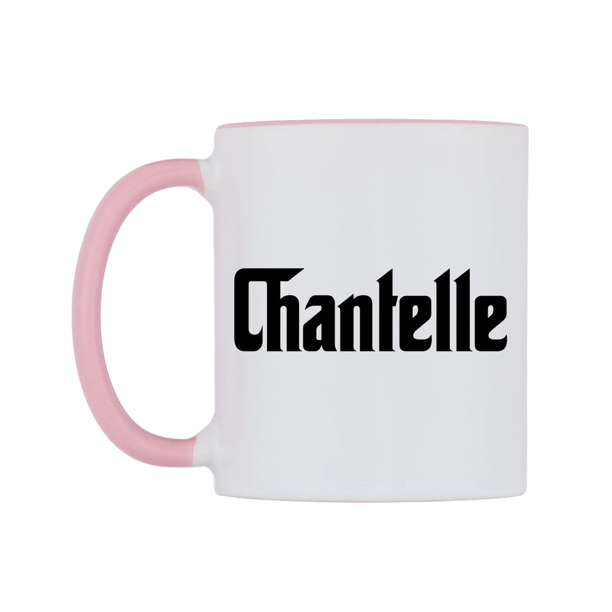 Chantelle - Godfather Themed Mug — white 11oz gloss mug with a pink inside and handle, right side, on a white background