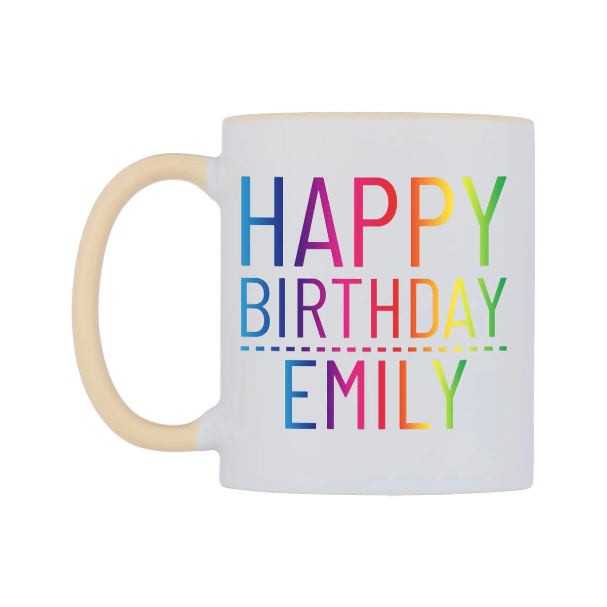 Personalised Happy Birthday (Rainbow) Mug — white 11oz gloss mug with a beige inside and handle, right side, on a white background