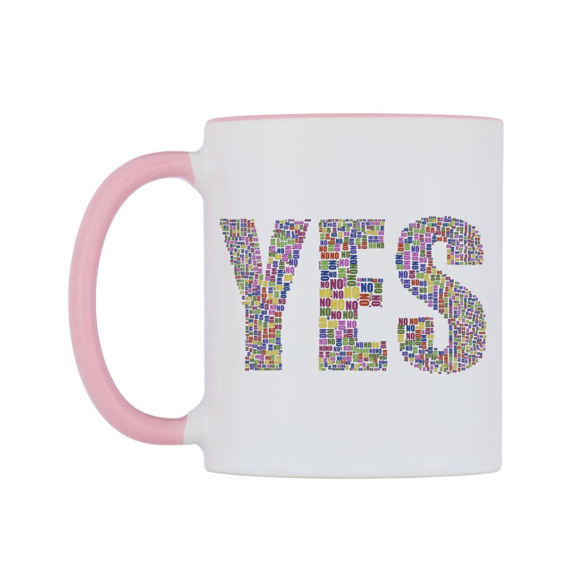 Yes Made From No Mug — white 11oz gloss mug with a pink inside and handle, right side, on a white background