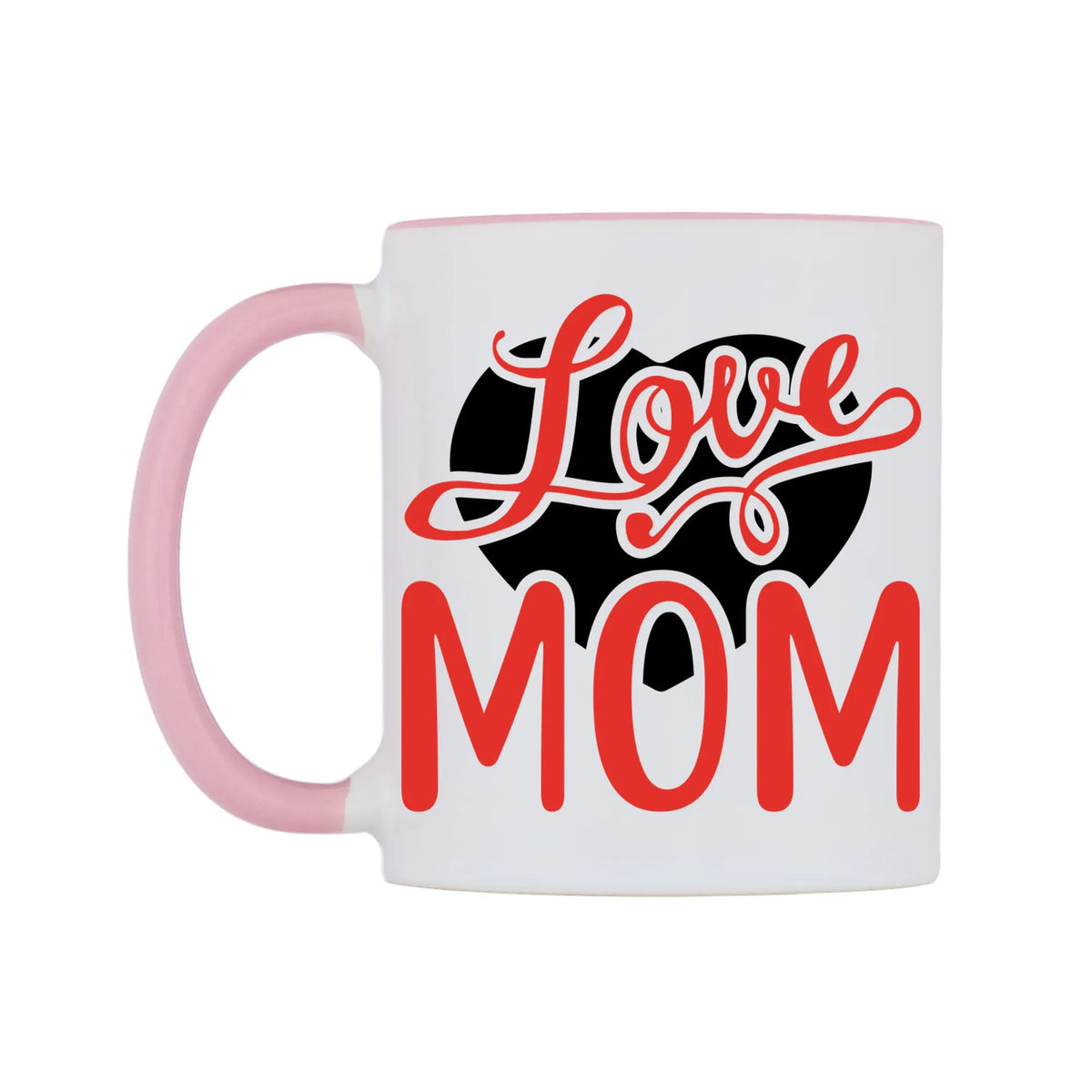 I Love Mom Mug — white 11oz gloss mug with a pink inside and handle, right side, on a white background
