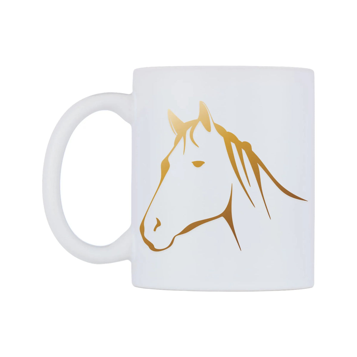 Golden Horse Mug — white 11oz gloss mug, right side, on a white background