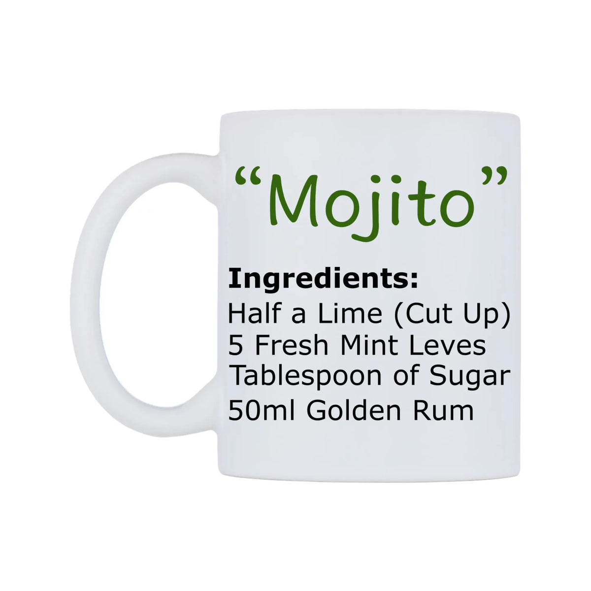 Mojito Ingredients Mug — white 11oz gloss mug, right side, on a white background