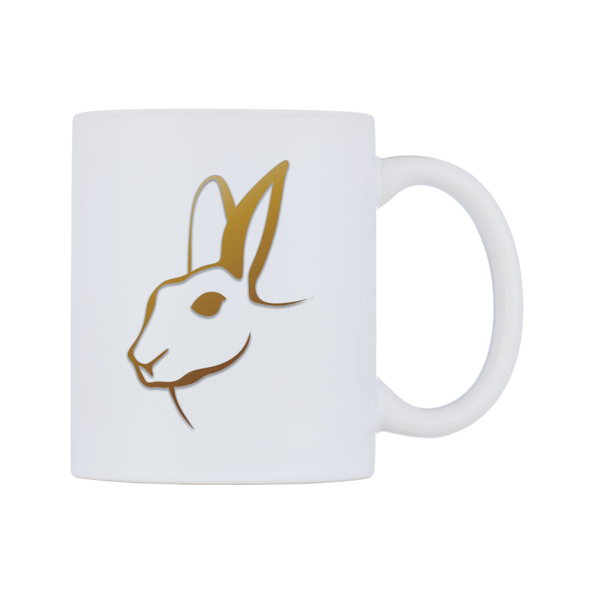 Golden Rabbit Mug — white 11oz gloss mug, left side, on a white background