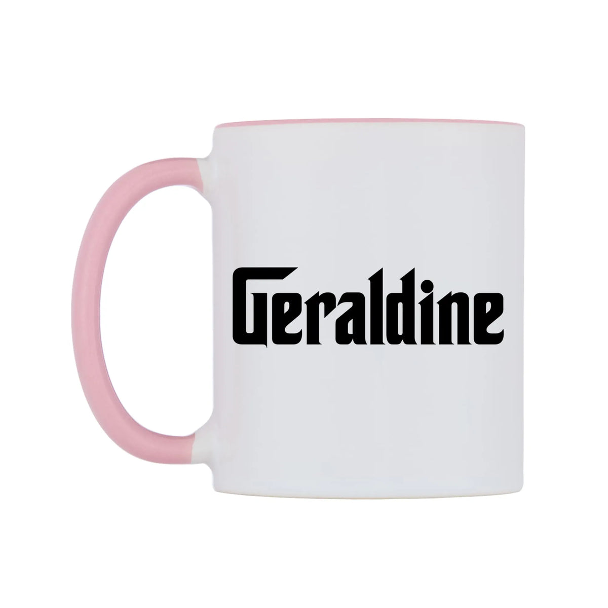 Geraldine - Godfather Themed Mug — white 11oz gloss mug with a pink inside and handle, right side, on a white background