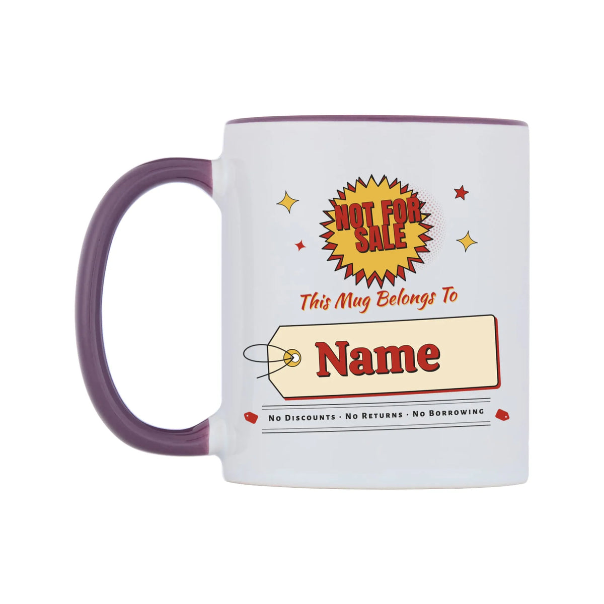 Not For Sale Swing Tag Mug — white 11oz gloss mug with a purple inside and handle, on a white background