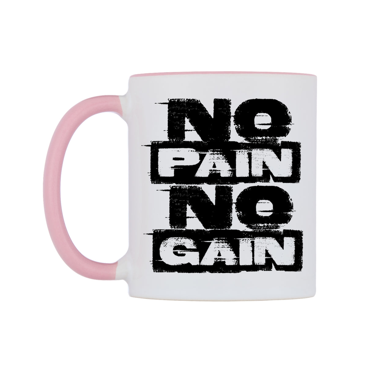No Pain No Gain Mug — white 11oz gloss mug with a pink inside and handle, right side, on a white background