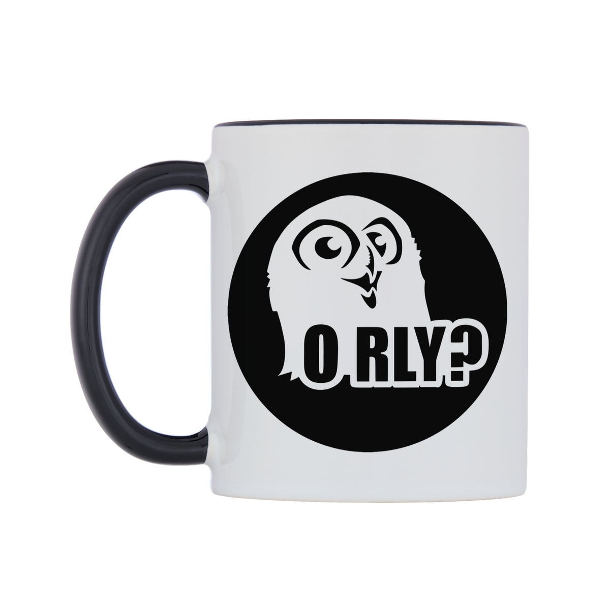 O Rly? Mug — white 11oz gloss mug with a black inside and handle, right side, on a white background