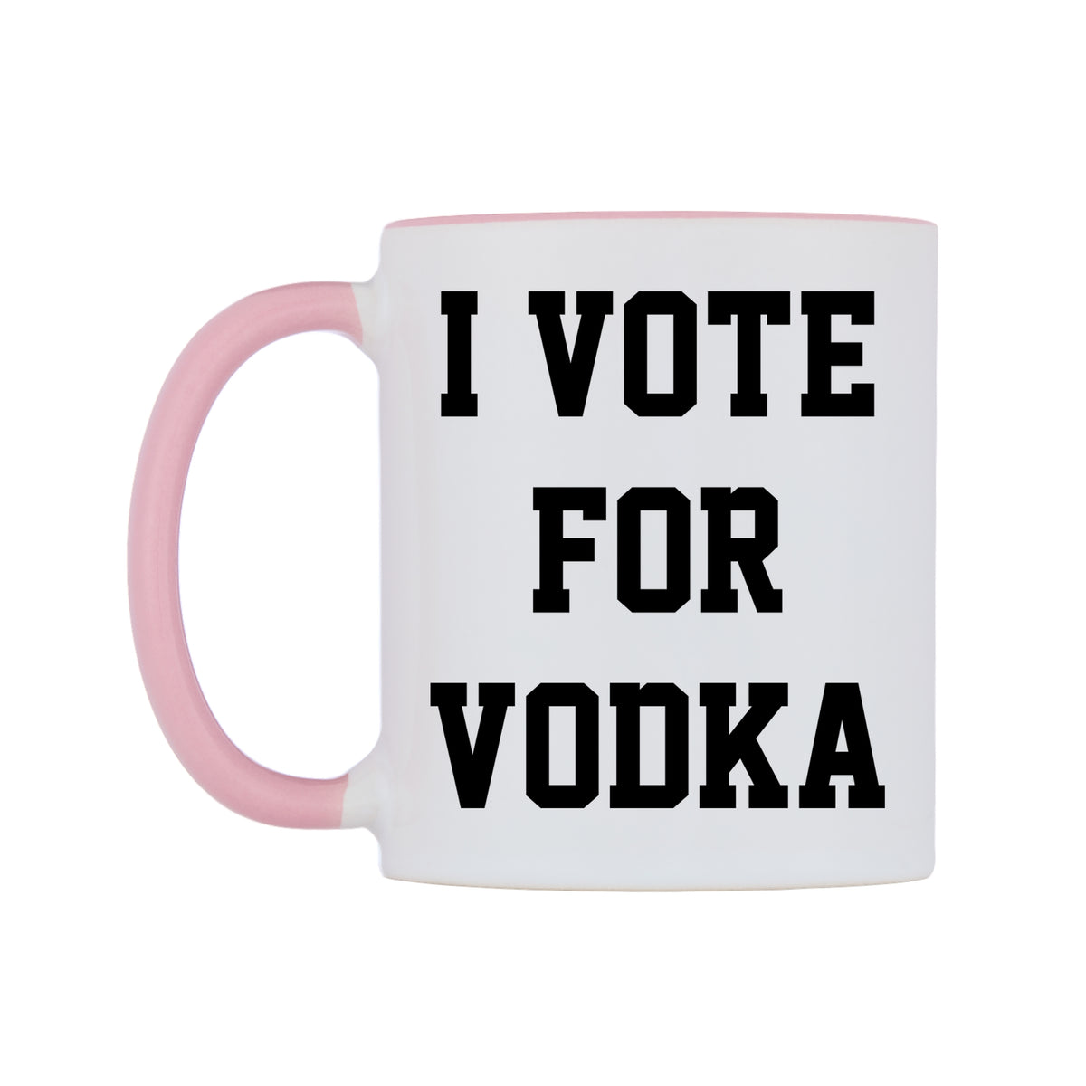 I Vote For Vodka Mug — white 11oz gloss mug with a pink inside and handle, right side, on a white background