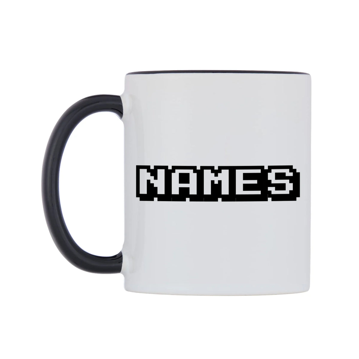 Personalised Arcade Themed Font Names Mug — white 11oz gloss mug with a black inside and handle, right side, on a white background