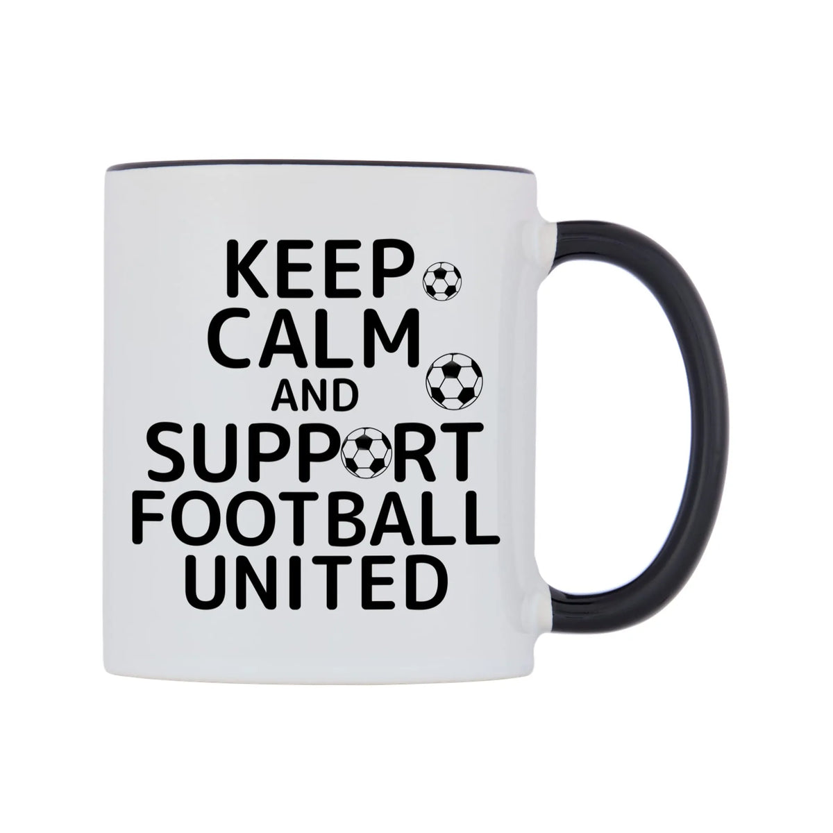 Keep Calm And Support Personalised Team Mug — white 11oz gloss mug with a black inside and handle, left side, on a white background