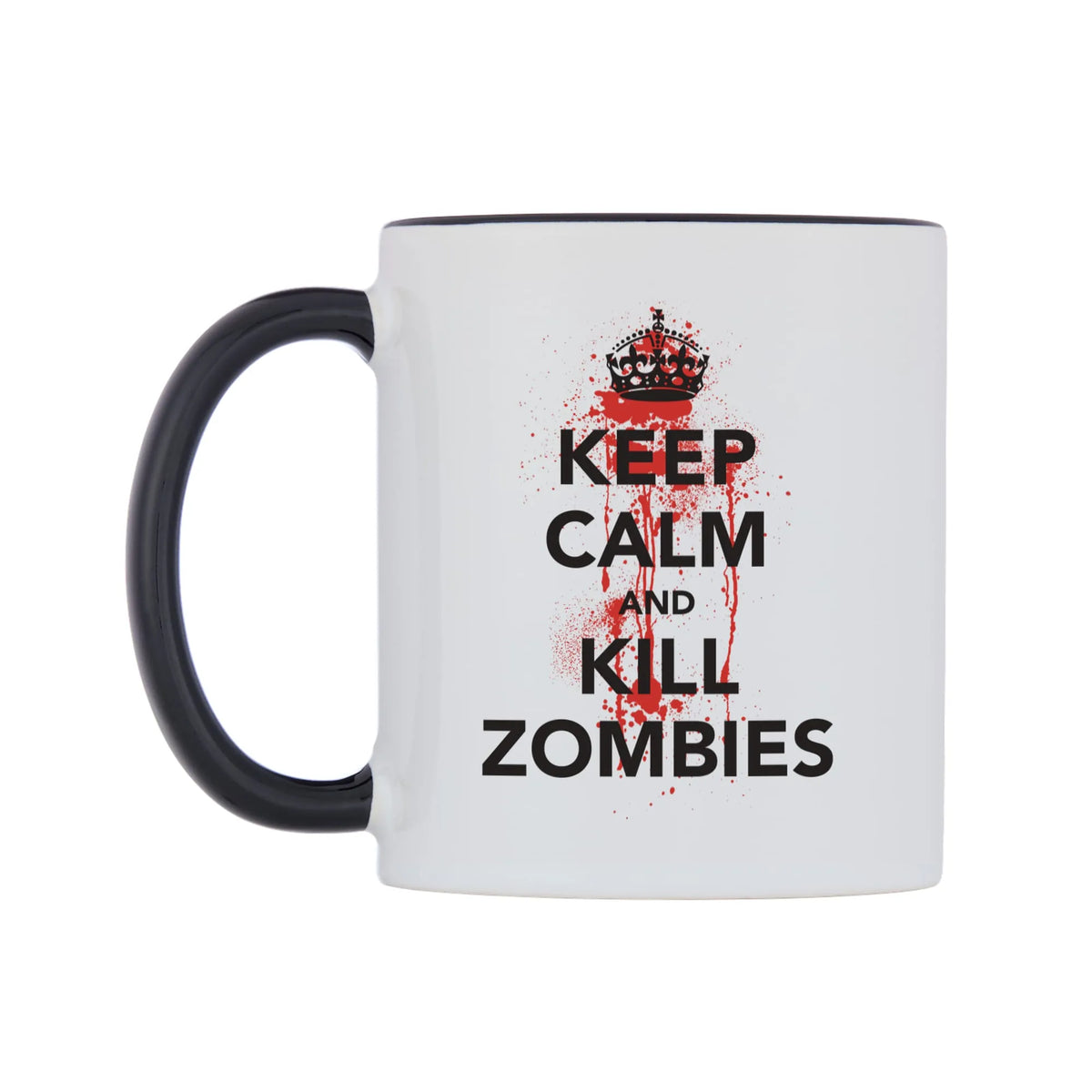 Keep Calm And Kill Zombies Mug — white 11oz gloss mug with a black inside and handle, right side, on a white background