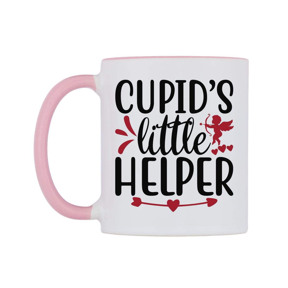 Cupid's Little Helper Mug — white 11oz gloss mug with a pink inside and handle, right side, on a white background