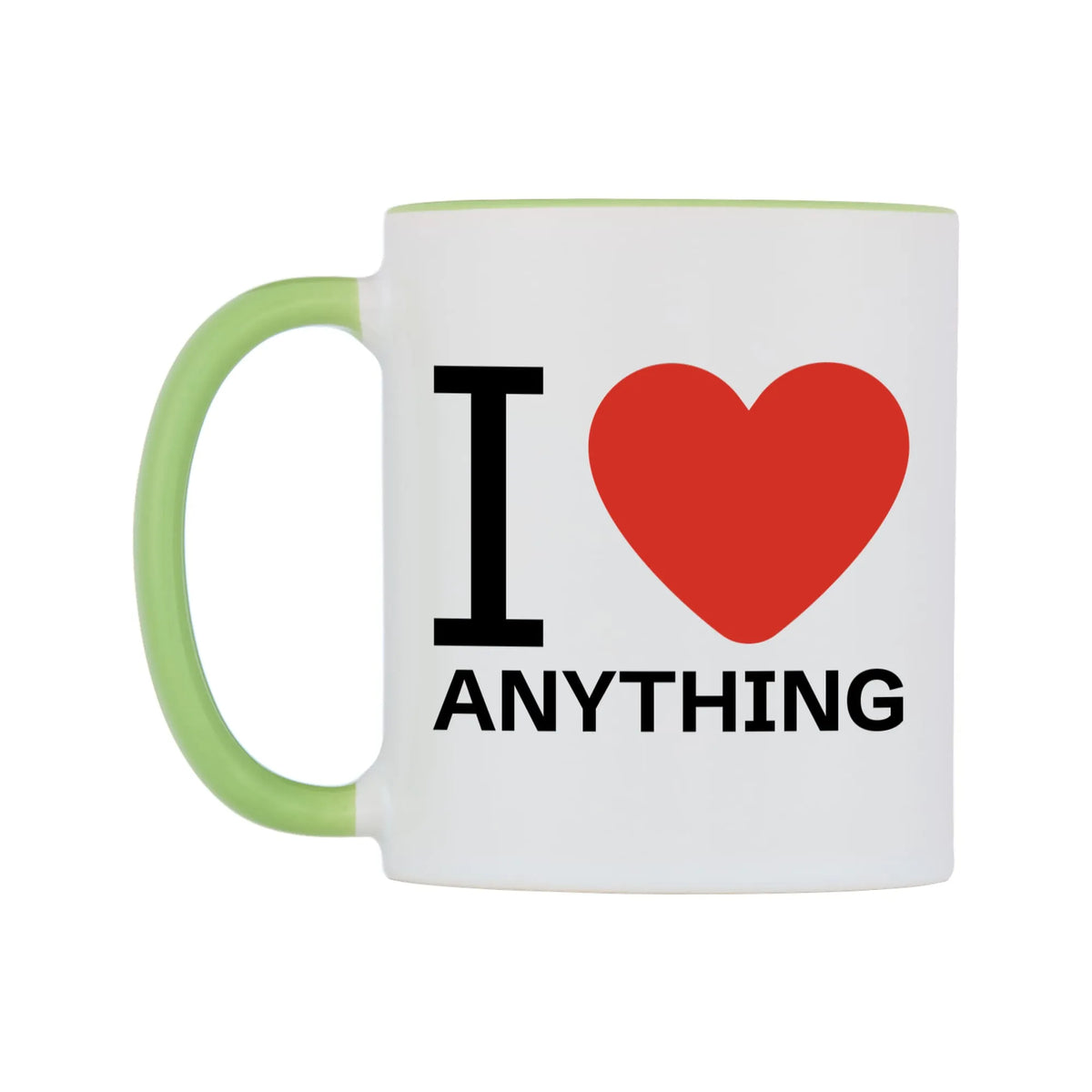 I Love Personalised Mug — white 11oz gloss mug with a light green inside and handle, right side, on a white background