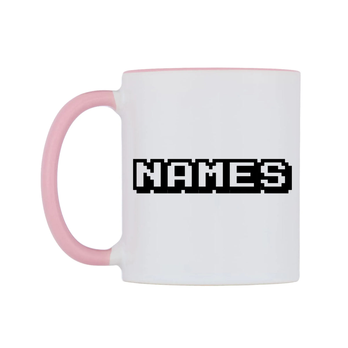Personalised Arcade Themed Font Names Mug — white 11oz gloss mug with a pink inside and handle, right side, on a white background