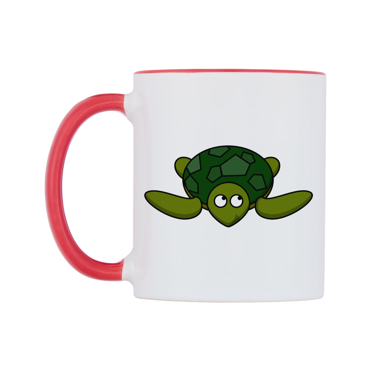 Swimming Turtle Mug — white 11oz gloss mug with a red inside and handle, right side, on a white background
