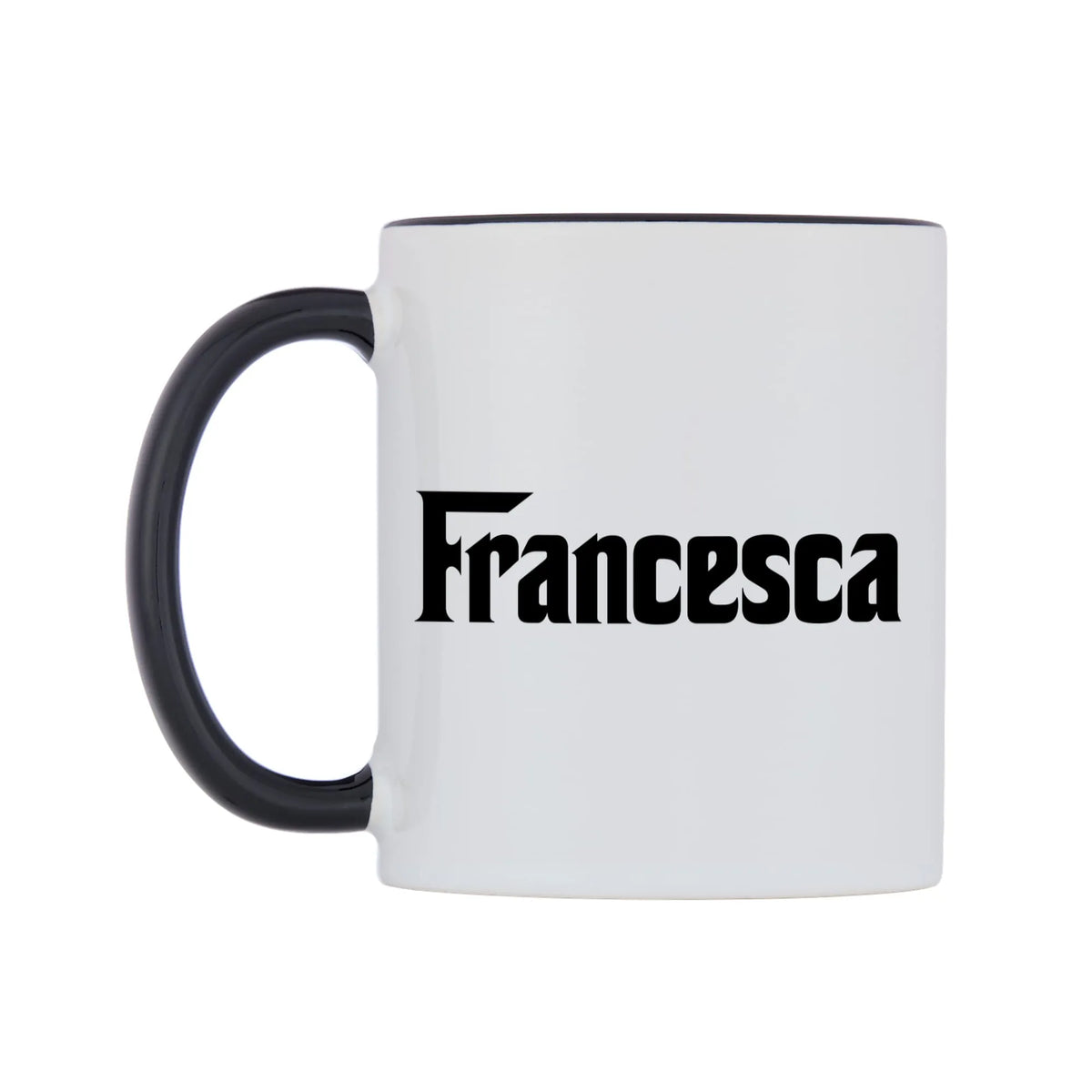 Francesca - Godfather Themed Mug — white 11oz gloss mug with a black inside and handle, right side, on a white background