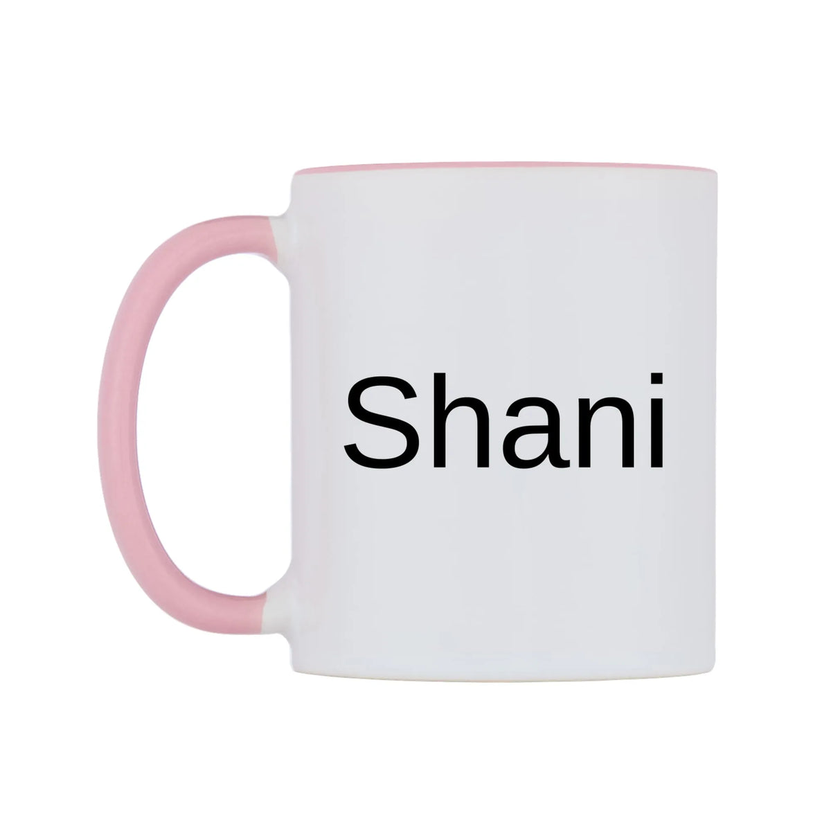 Shani Mug — white 11oz gloss mug with a pink inside and handle, right side, on a white background