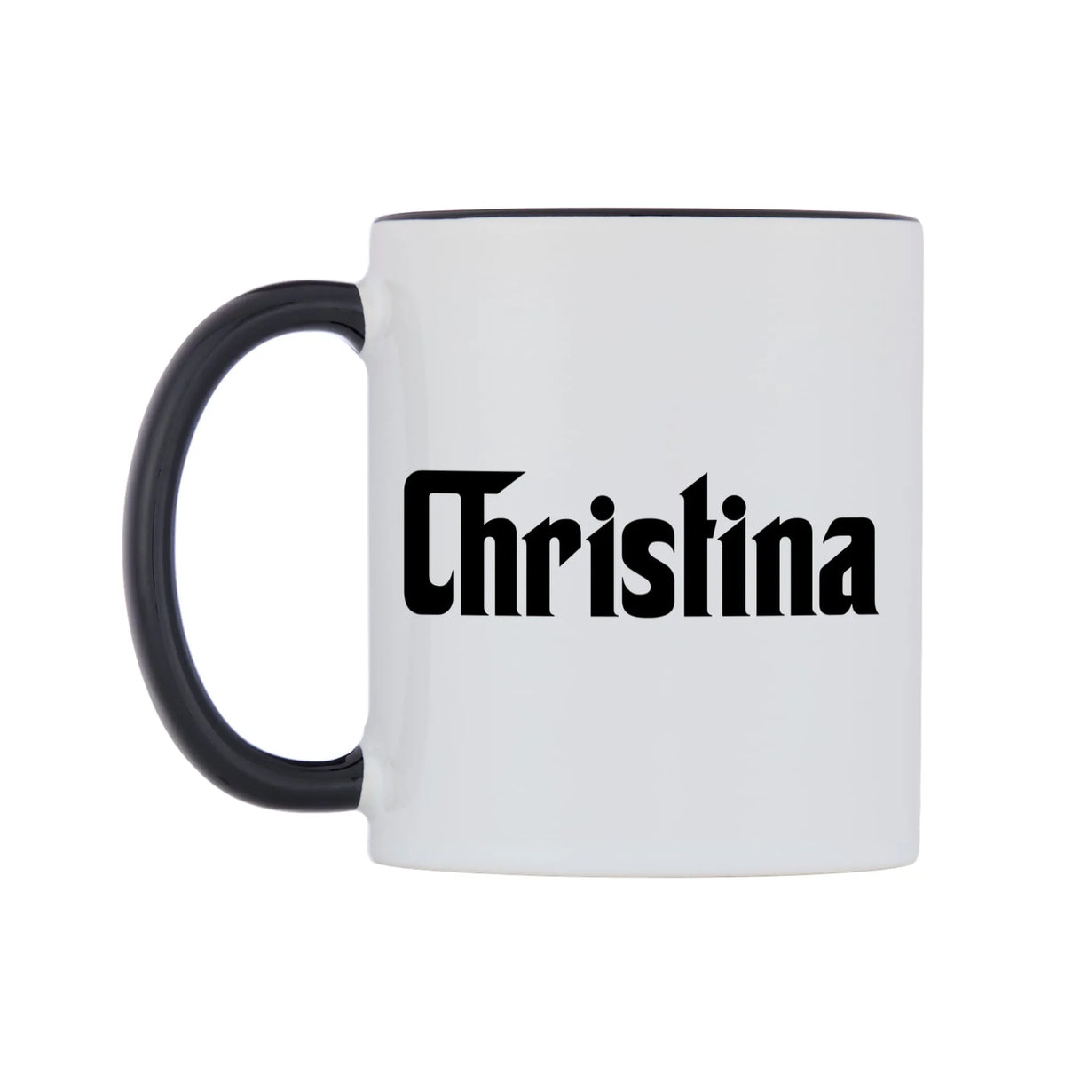 Christina - Godfather Themed Mug — white 11oz gloss mug with a black inside and handle, right side, on a white background