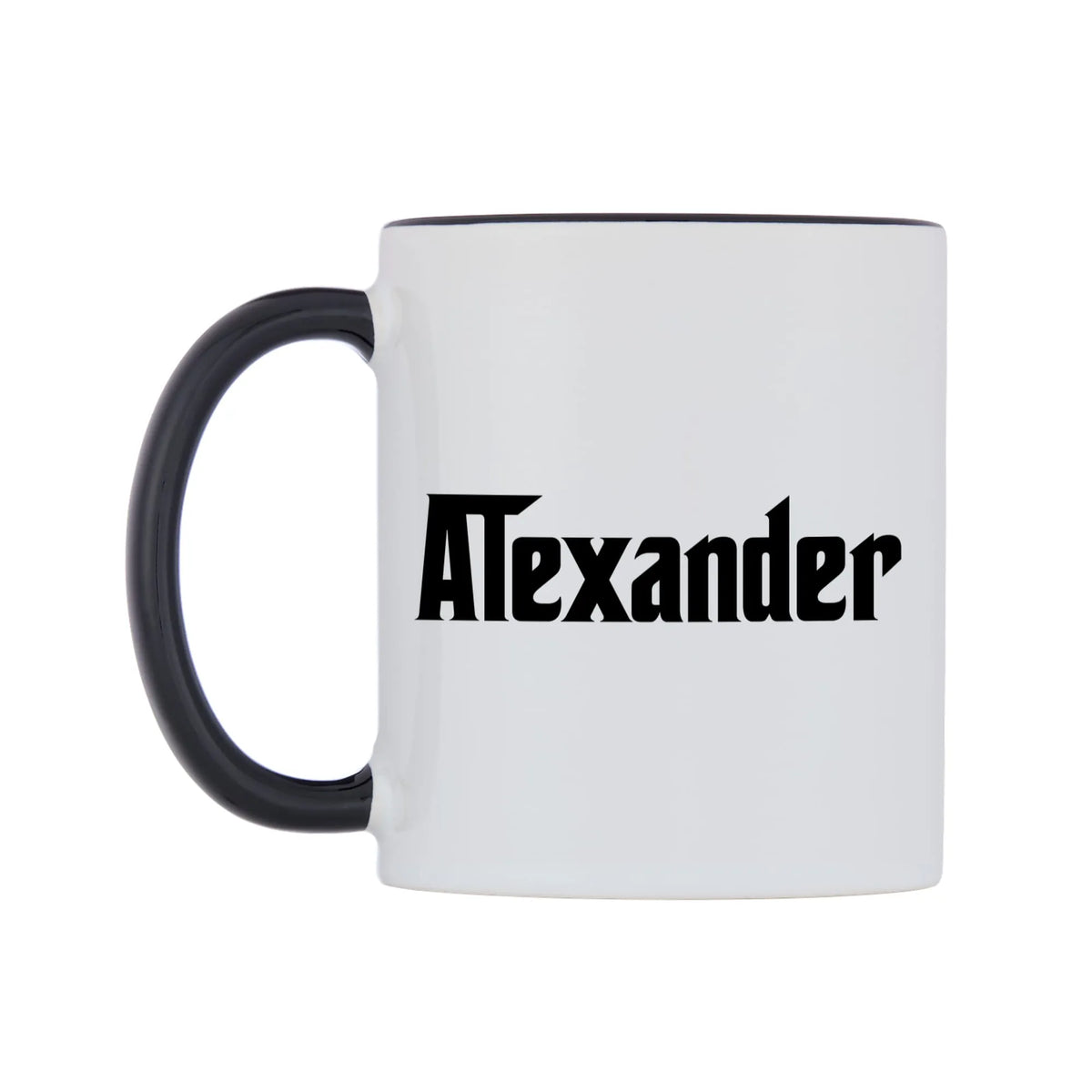 Alexander - Godfather Themed Mug — white 11oz gloss mug with a black inside and handle, right side, on a white background