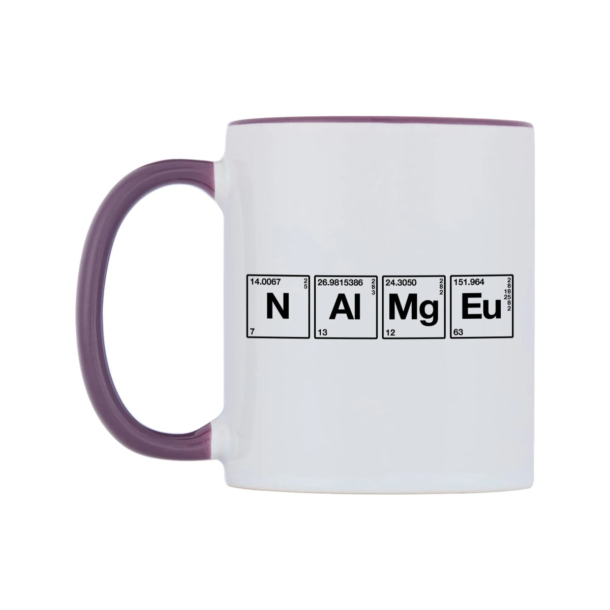 Chemistry Themed Personalised Mug — white 11oz gloss mug with a purple inside and handle, right side, on a white background