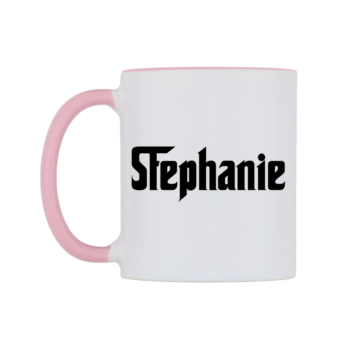 Stephanie - Godfather Themed Mug — white 11oz gloss mug with a pink inside and handle, right side, on a white background