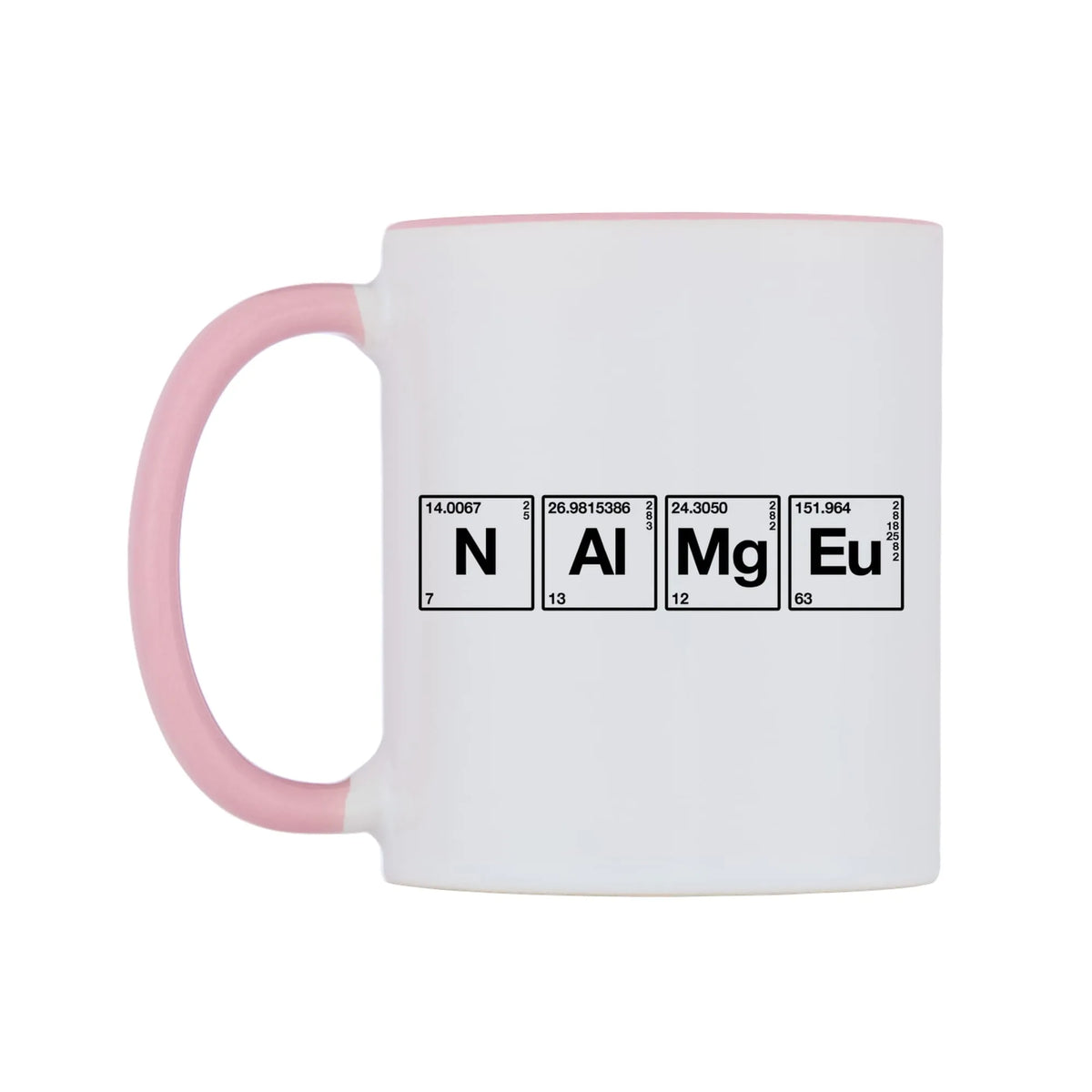 Chemistry Themed Personalised Mug — white 11oz gloss mug with a pink inside and handle, right side, on a white background