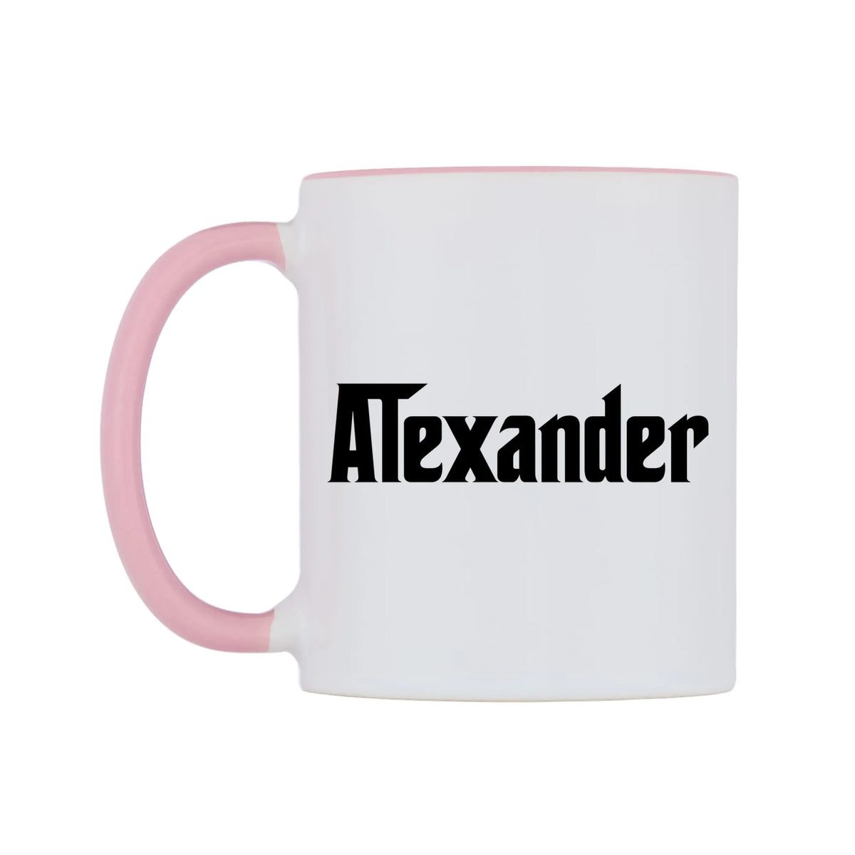 Alexander - Godfather Themed Mug — white 11oz gloss mug with a pink inside and handle, right side, on a white background