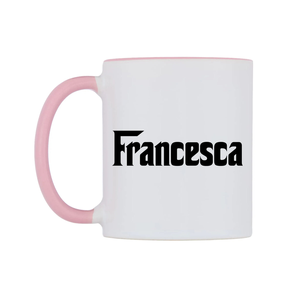 Francesca - Godfather Themed Mug — white 11oz gloss mug with a pink inside and handle, right side, on a white background