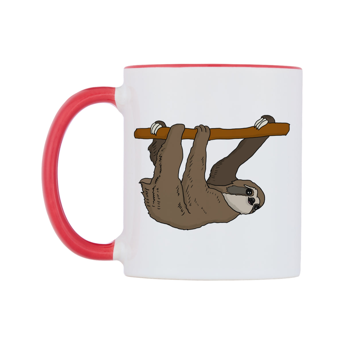 Hanging Sloth Mug — white 11oz gloss mug with a red inside and handle, right side, on a white background