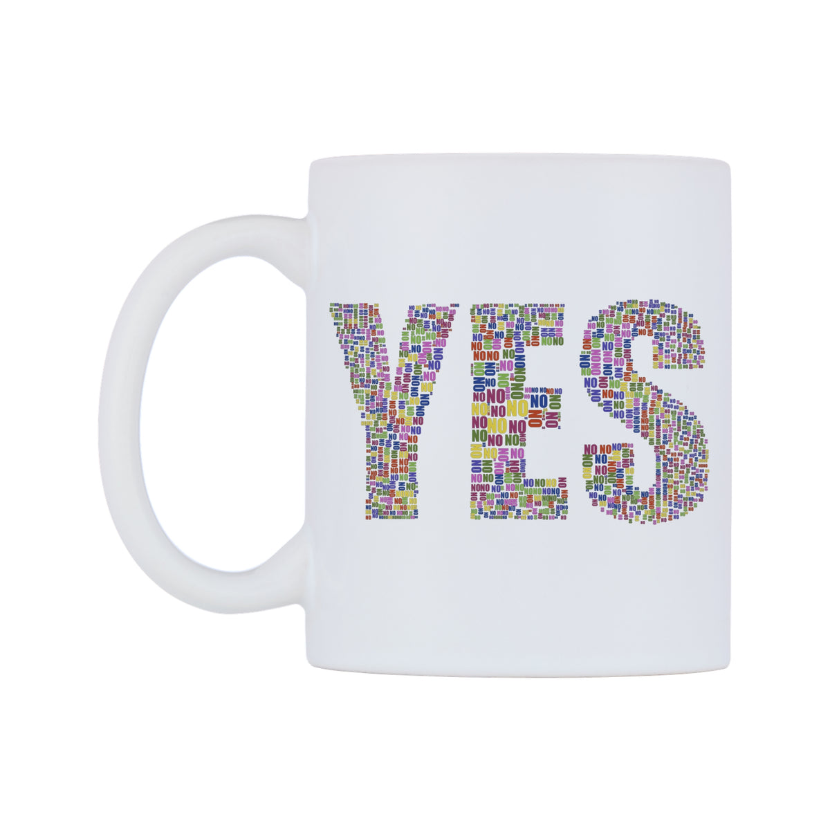 Yes Made From No Mug — white 11oz gloss mug, right side, on a white background