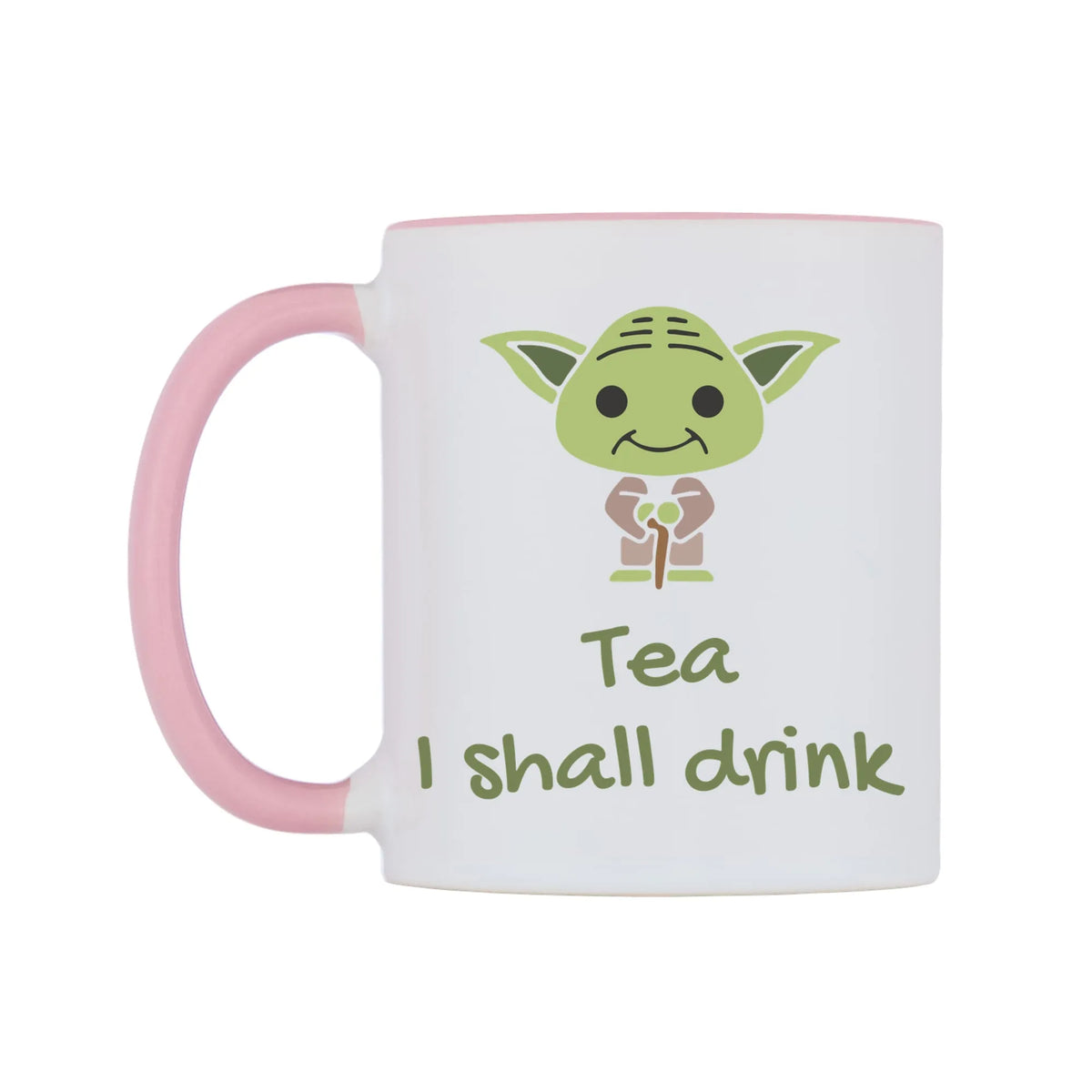 Tea I shall drink Mug — white 11oz gloss mug with a pink inside and handle, right side, on a white background