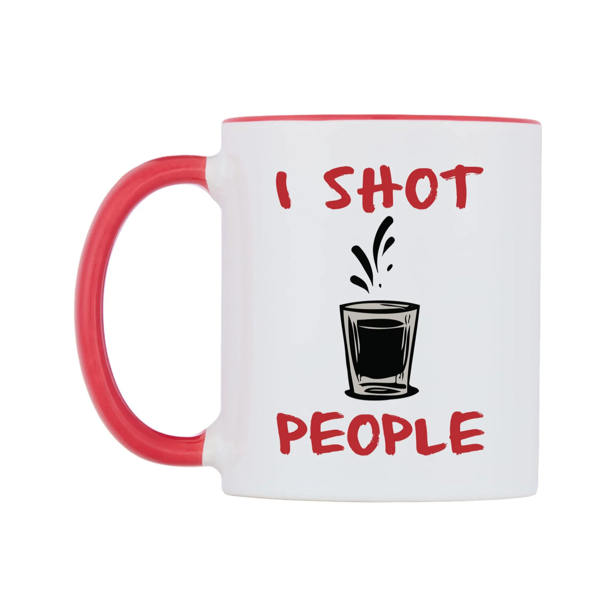 I Shot People Mug — white 11oz gloss mug with a red inside and handle, right side, on a white background