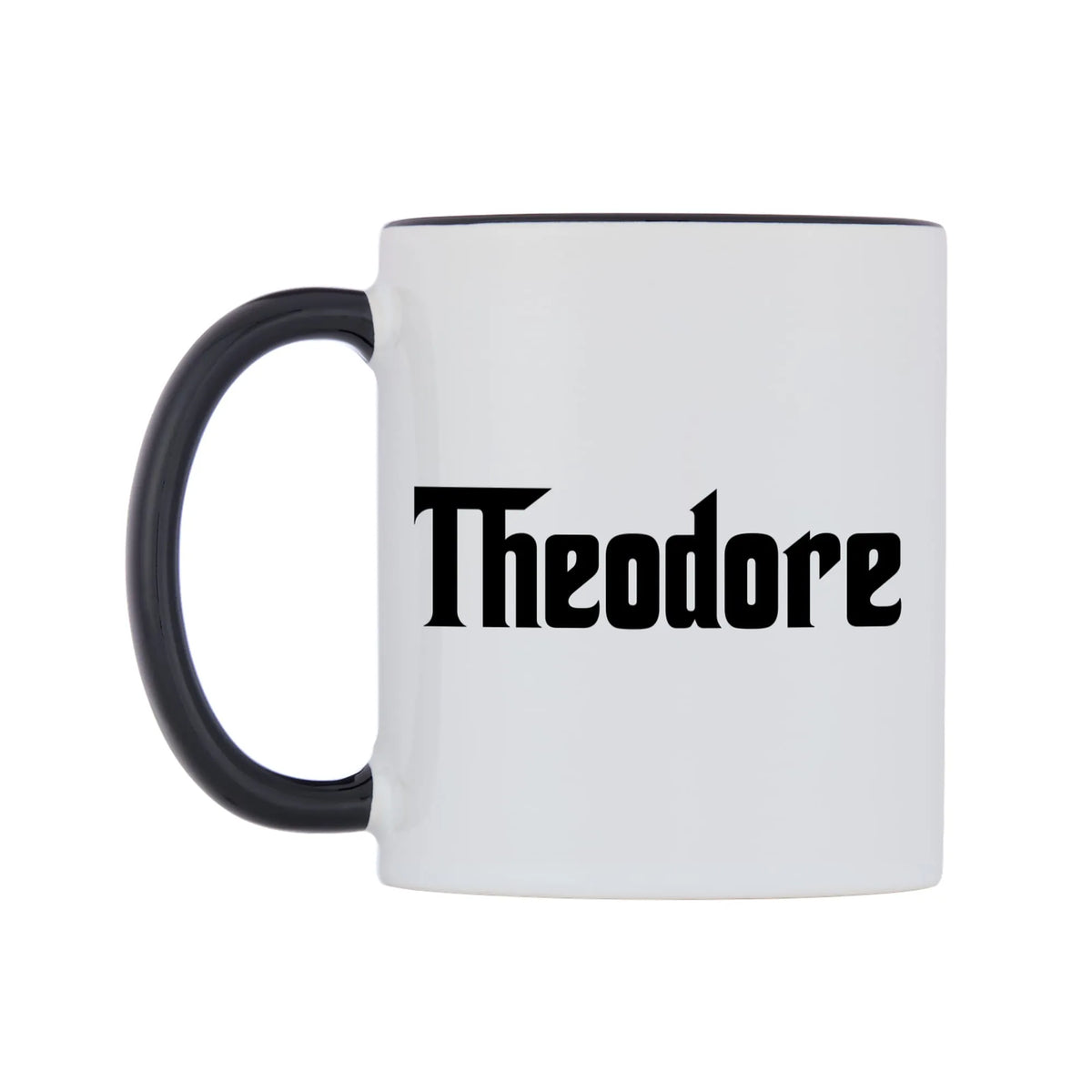Theodore - Godfather Themed Mug — white 11oz gloss mug with a black inside and handle, right side, on a white background