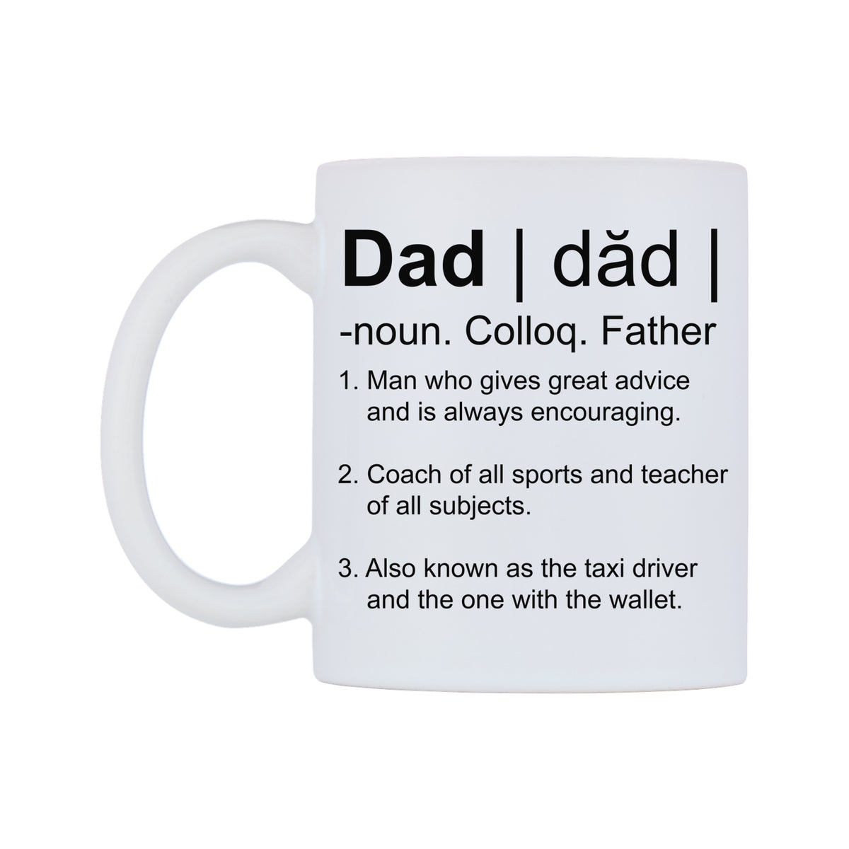 Meaning of Dad Mug — white 11oz gloss mug, right side, on a white background