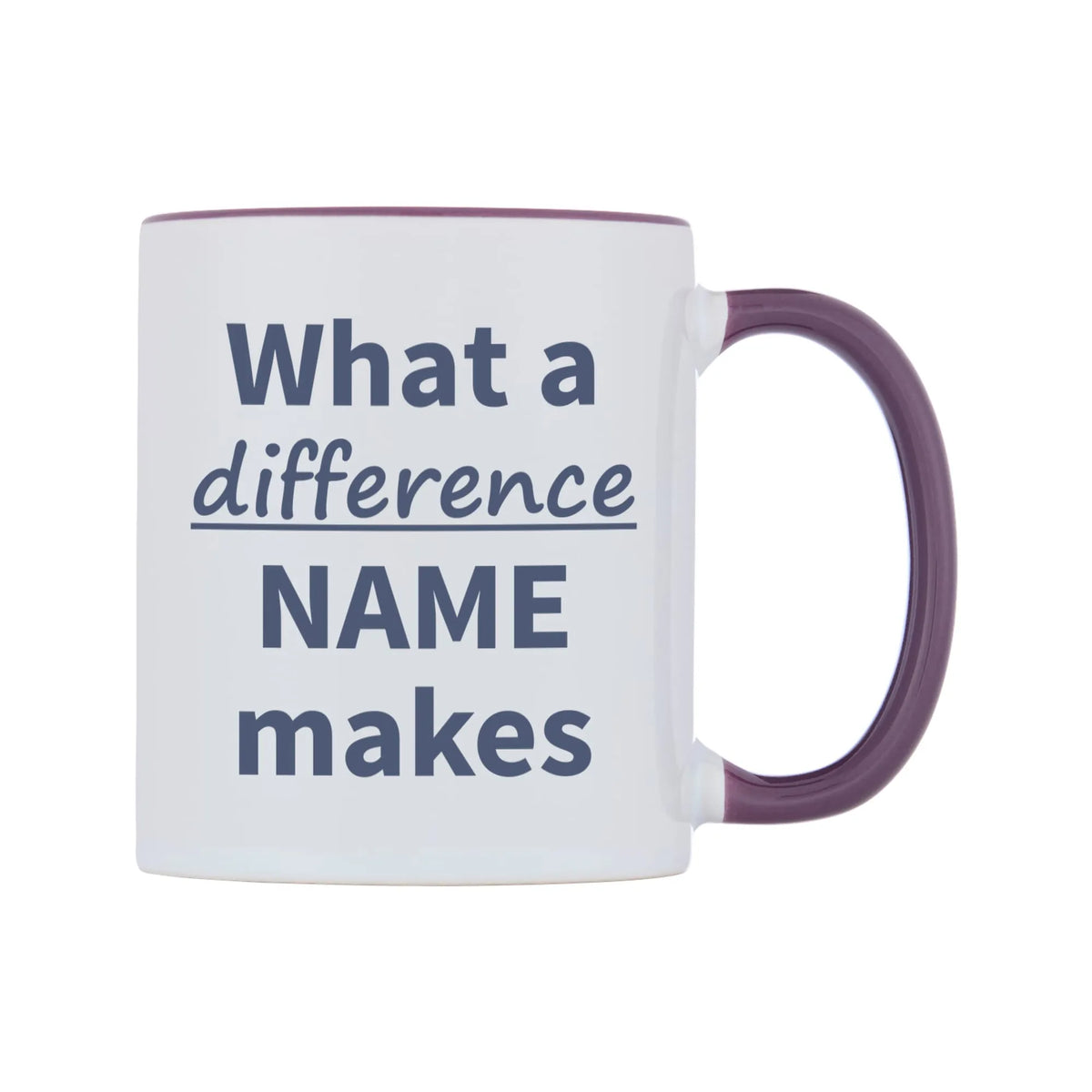 What a difference Personalised Mug — white 11oz gloss mug with a purple inside and handle, left side, on a white background