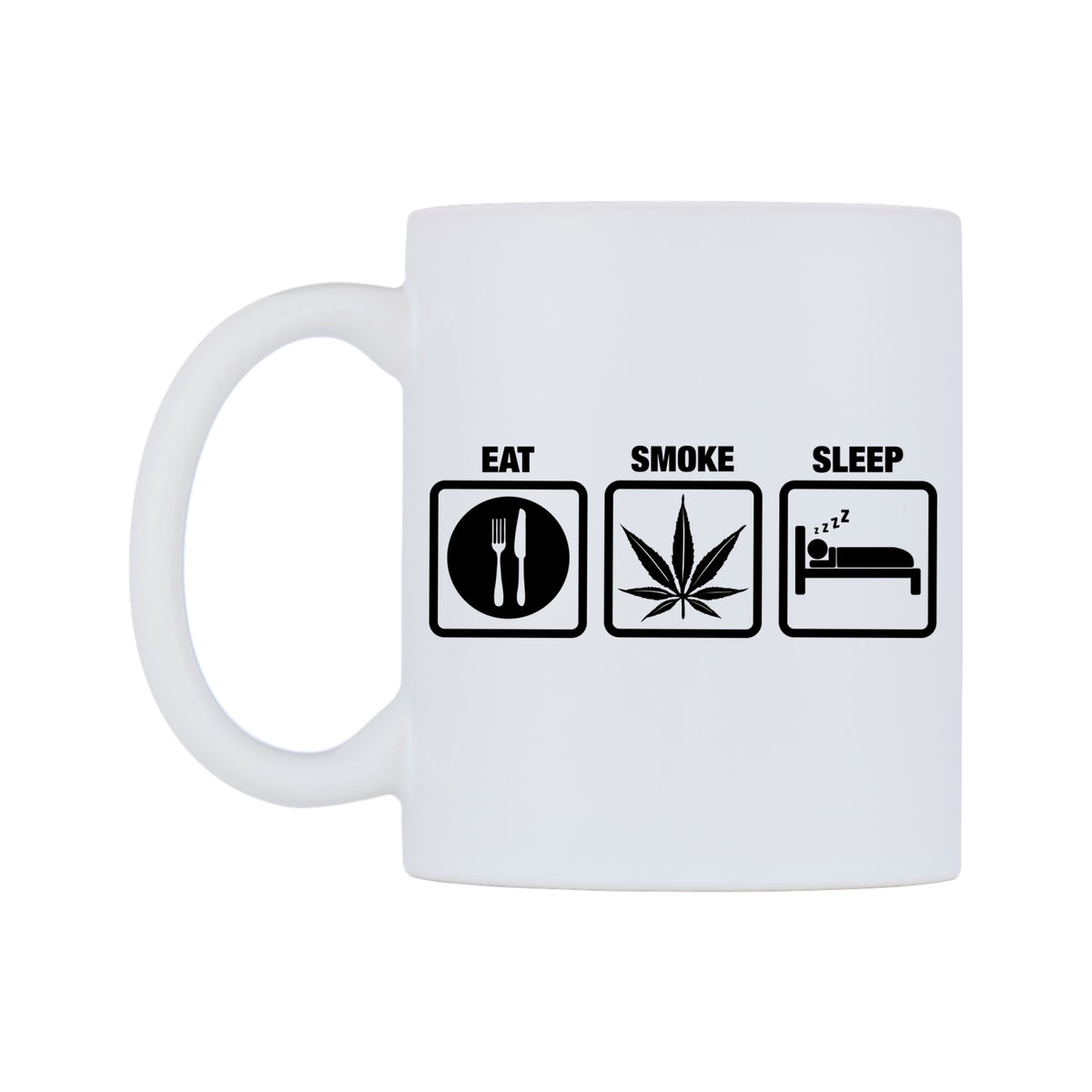 Eat Smoke Sleep Mug — white 11oz gloss mug, right side, on a white background